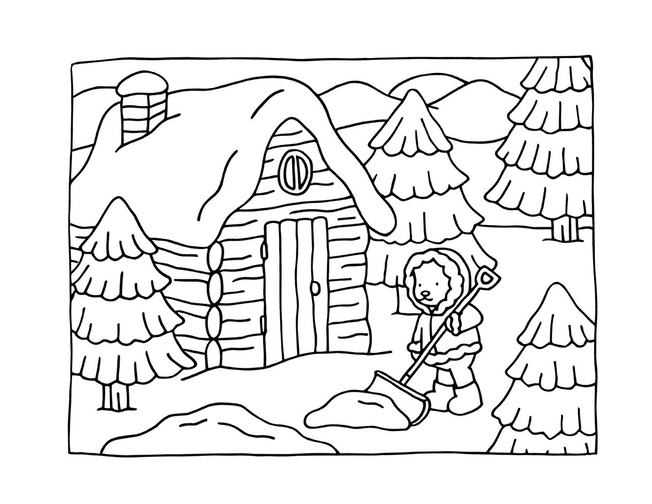 Bobbie Goods limpando a neve em frente a uma cabana aconchegante