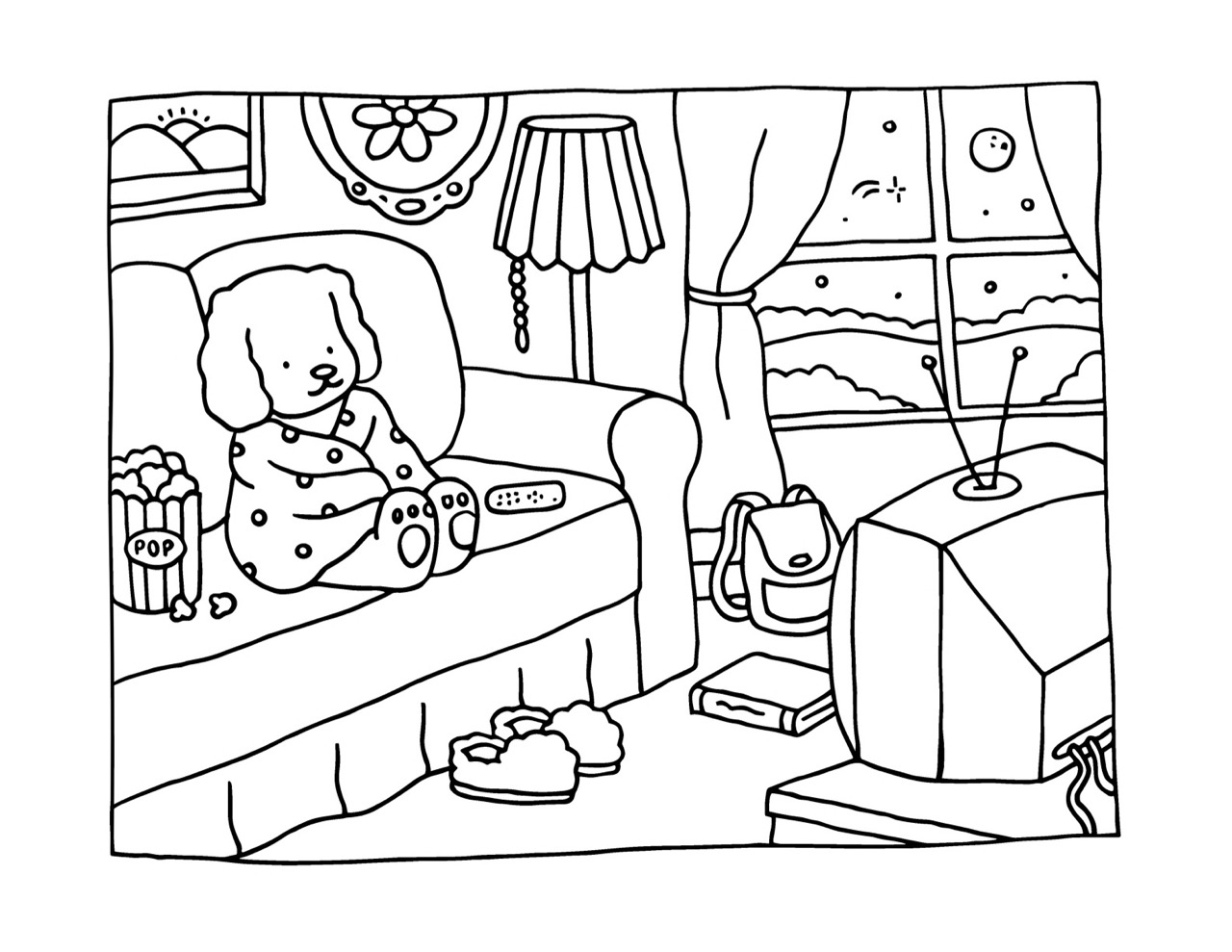 Bobbie Goods relaxando no sofá assistindo TV comendo pipoca