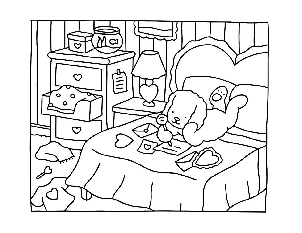 Desenho Bobbie Goods escrevendo cartas de amor na cama aconchegante