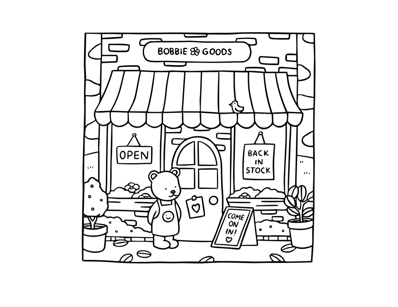 Bobbie Goods urso em frente à loja com toldo e placas de aberto e estoque