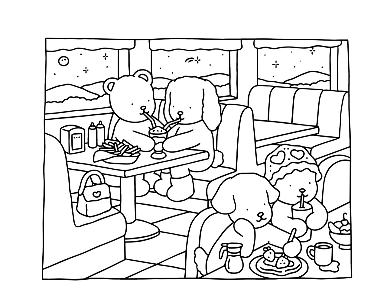 Bobbie Goods jantando com amigos em restaurante à noite desenho infantil