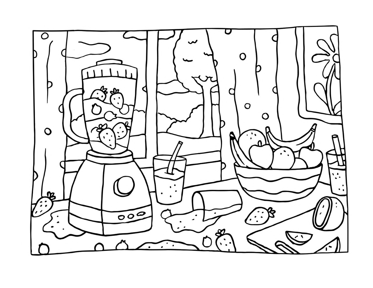 Bobbie Goods desenhando frutas e smoothie na cozinha ensolarada