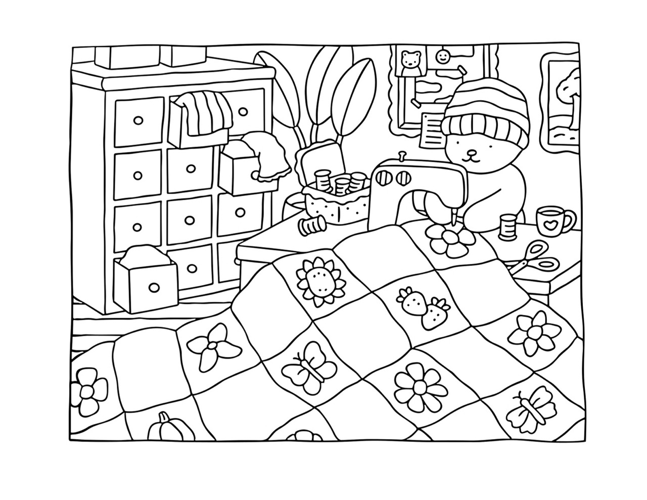 Bobbie Goods costurando uma colcha com desenhos de flores e borboletas