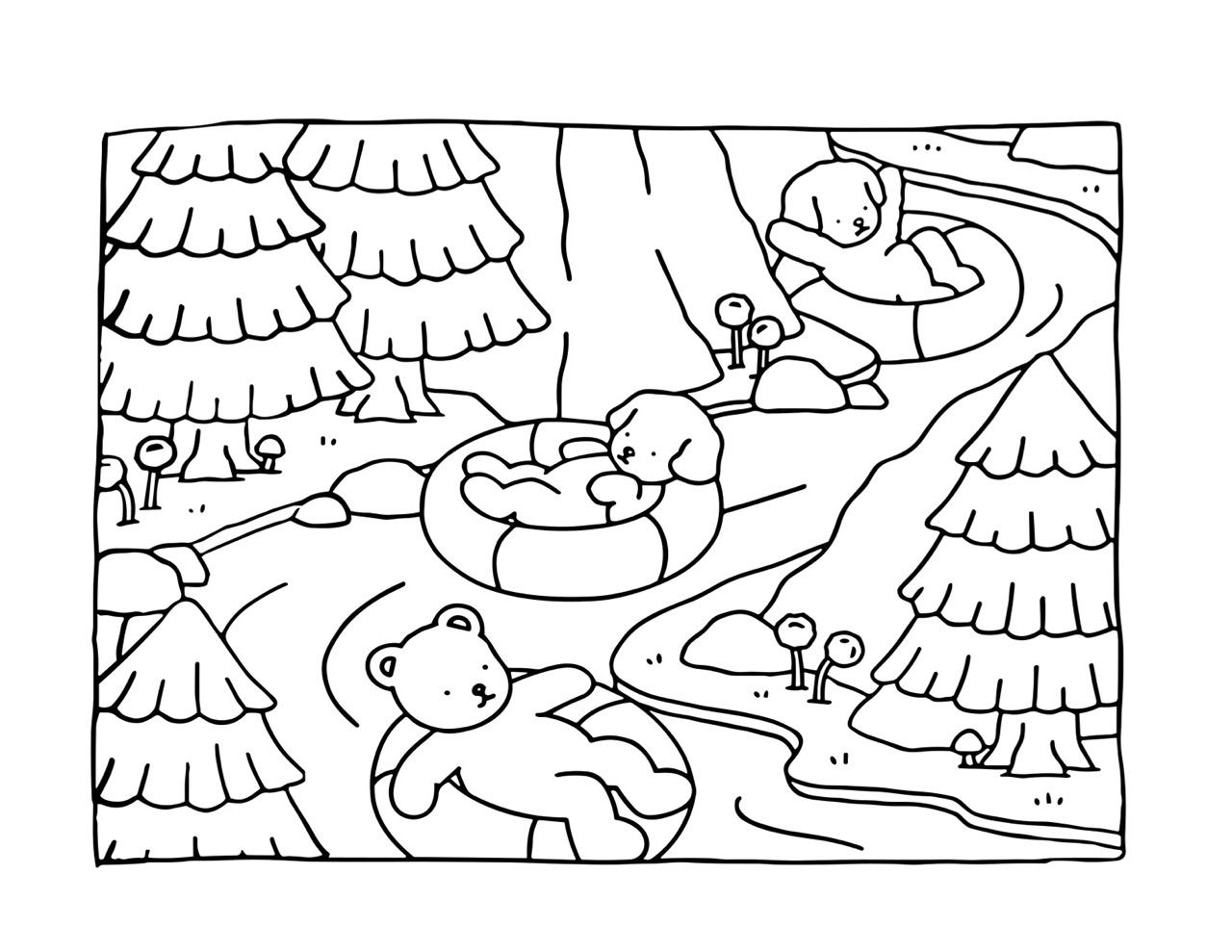 Bobbie Goods e amigos flutuando em boias na floresta para colorir