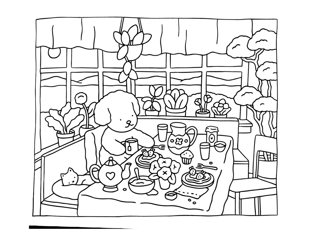 Bobbie Goods tomando chá com gato e doces em desenho para colorir