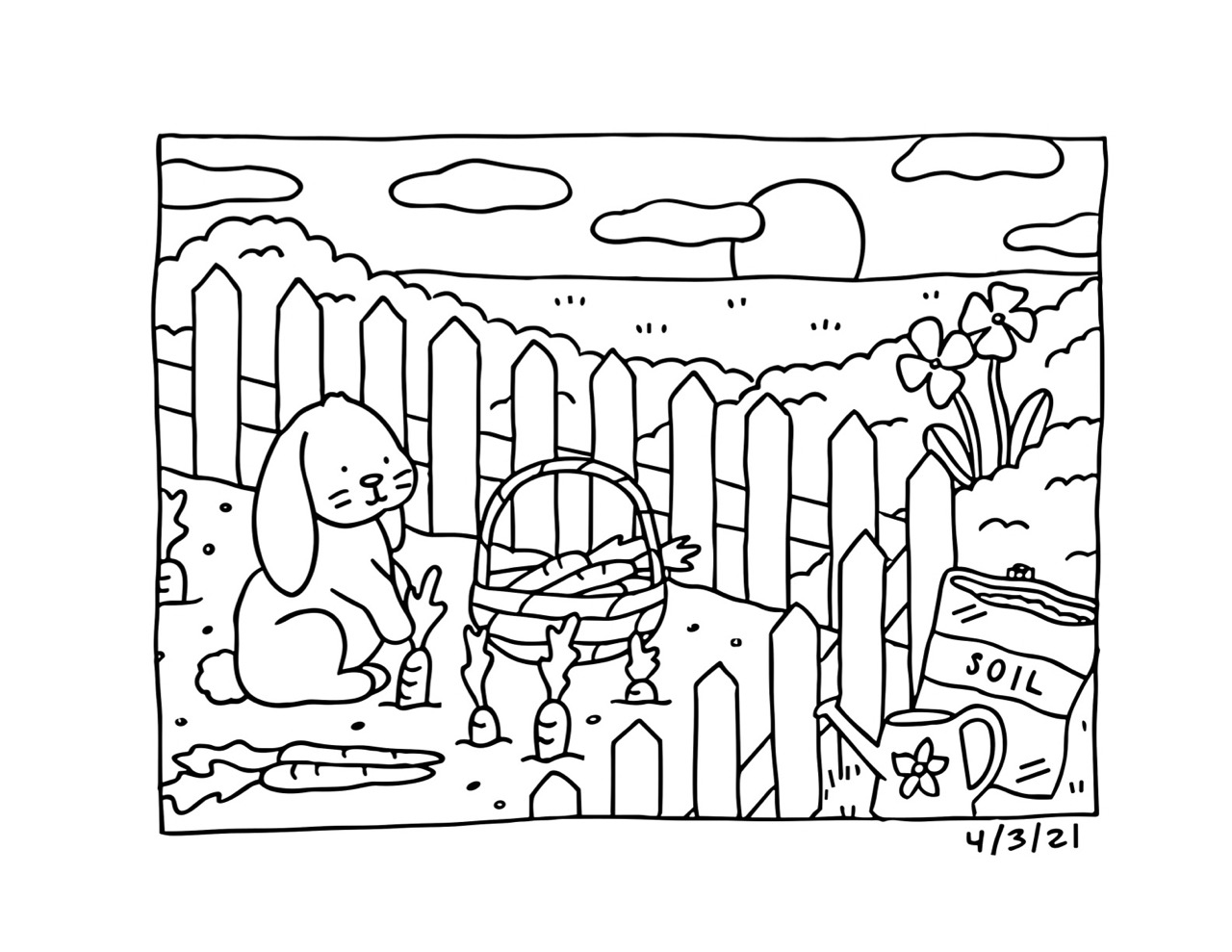 Bobbie Goods cuidando da horta com cenouras e flores no jardim