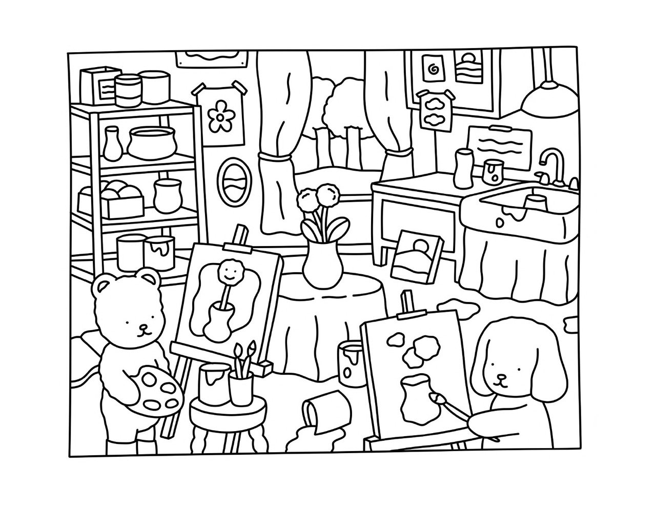 Bobbie Goods pintando em seu estúdio de arte com um amigo urso