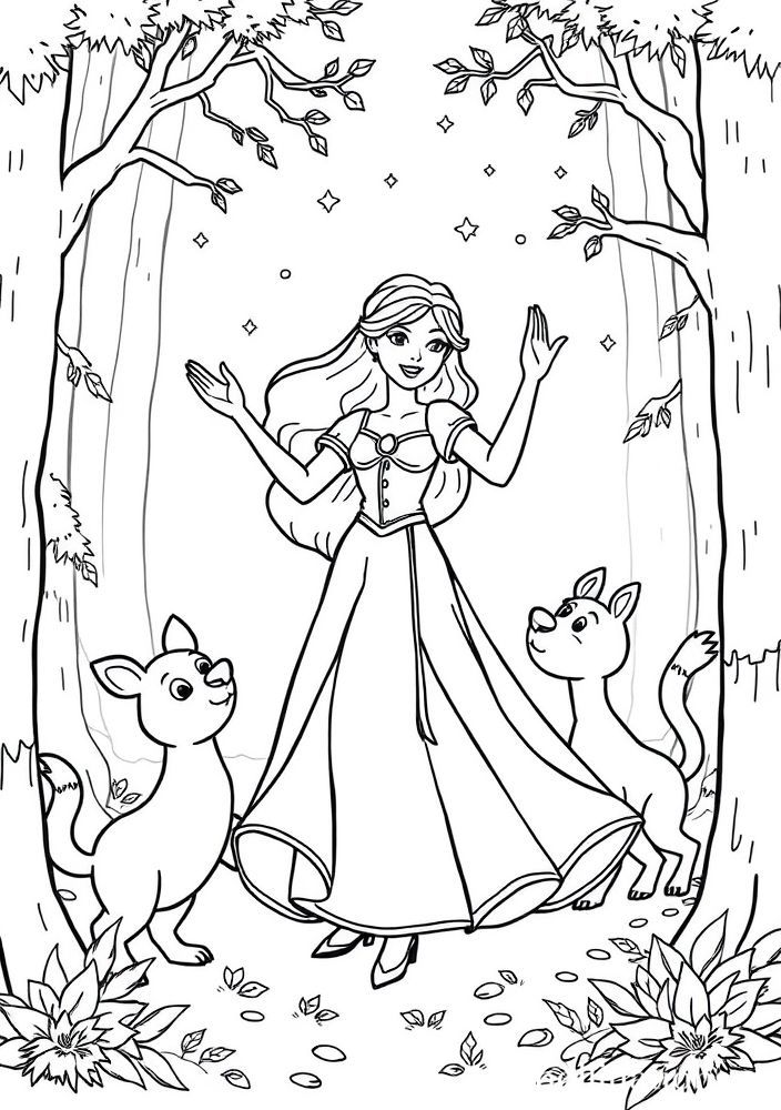 Branca de Neve dançando com os animais da floresta para colorir