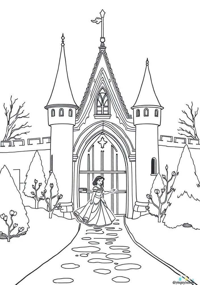 Branca de Neve e a entrada do castelo para colorir