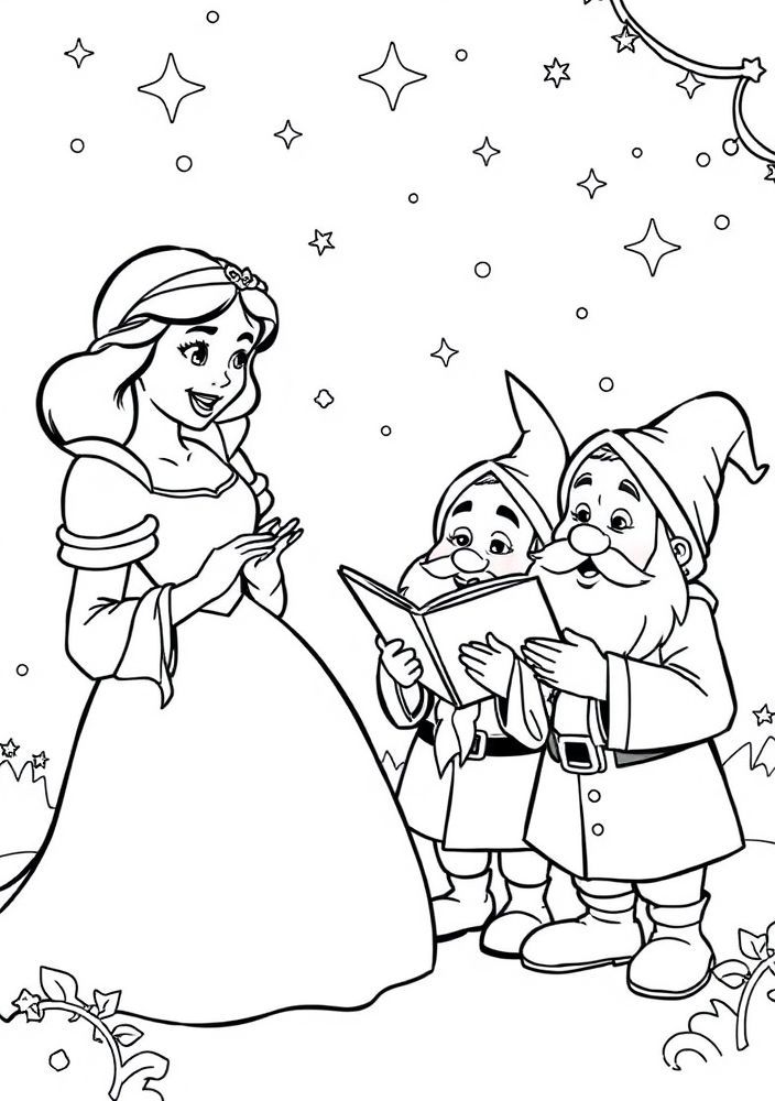 Branca de Neve e os Anões cantando para colorir