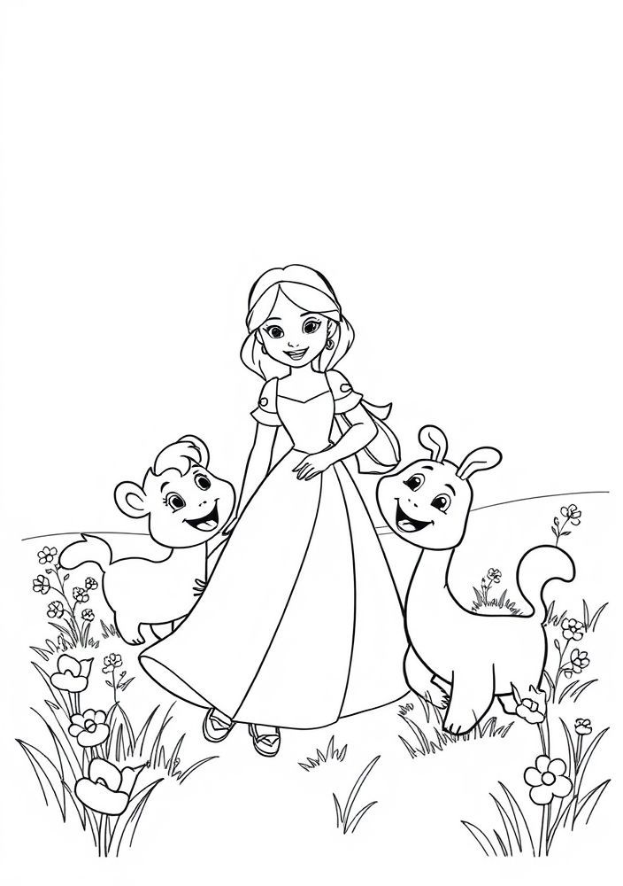 Branca de Neve e seus amigos se divertindo no campo para colorir