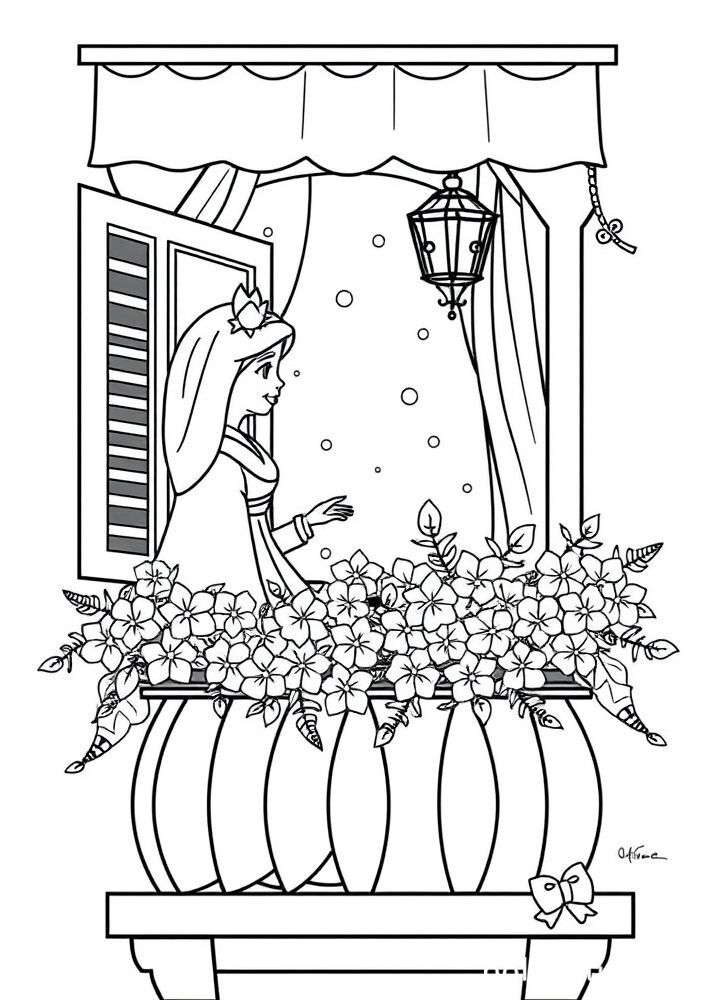 Branca de Neve e sua varanda floridas para colorir