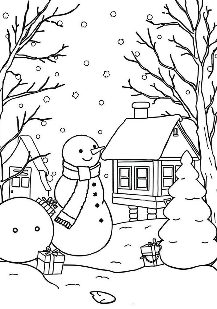 Branca de Neve e uma cena de inverno para colorir