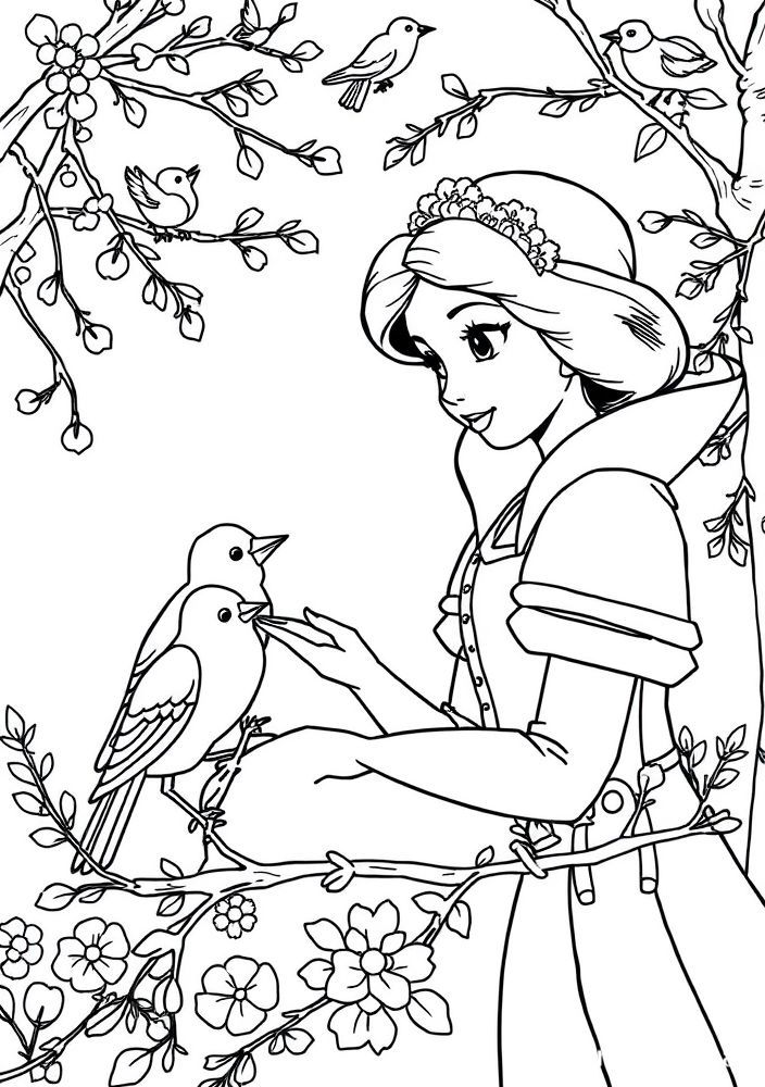 Branca de Neve fazendo amigos com os pássaros para colorir