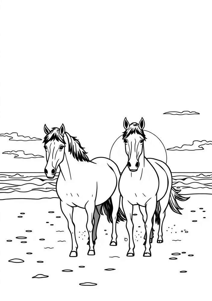 Cabalos na Praia ao pôr do Sol para colorir
