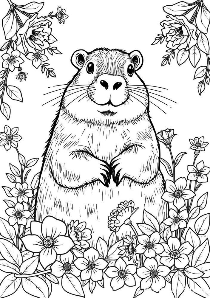 Capivara brincando com flores para colorir