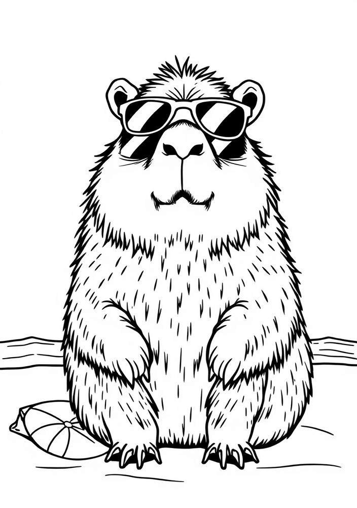 Capivara com óculos de sol na praia para colorir