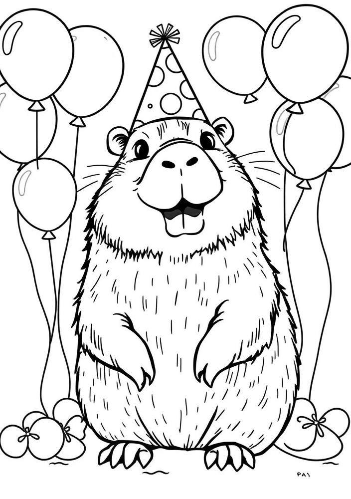Capivara com um chapéu de festa para colorir