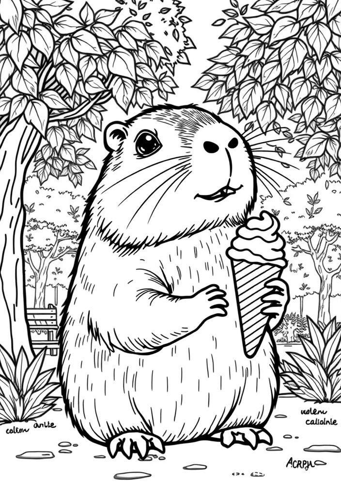 Capivara com um ice cream no parque para colorir