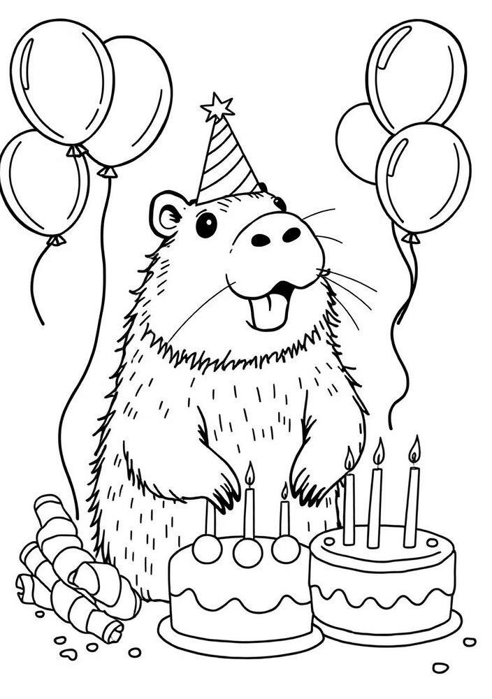Capivara em um Cartão de Aniversário para colorir
