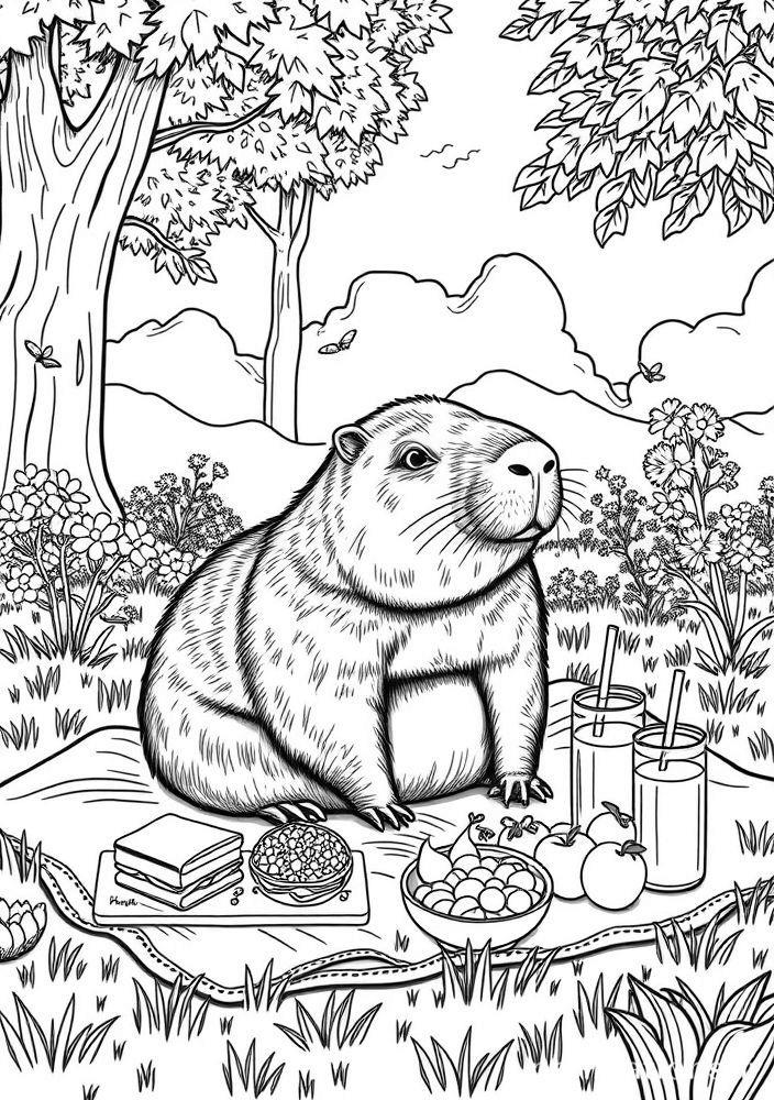 Capivara em um piquenique para colorir
