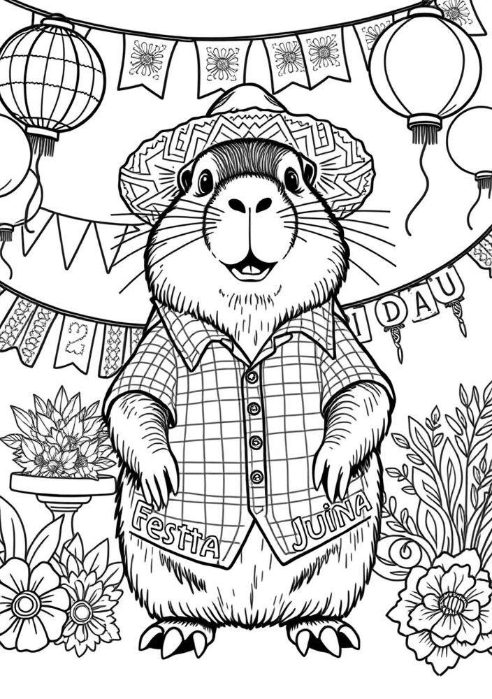Capivara em uma festa junina para colorir