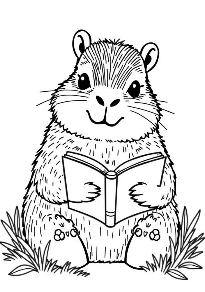 Capivara lendo um livro para colorir