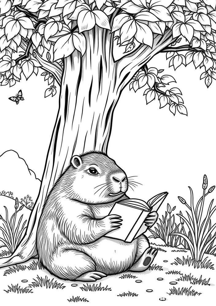 Capivara lendo um livro sob uma árvore para colorir
