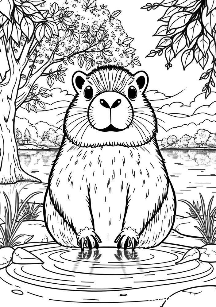 Capivara relaxando à beira do lago para colorir
