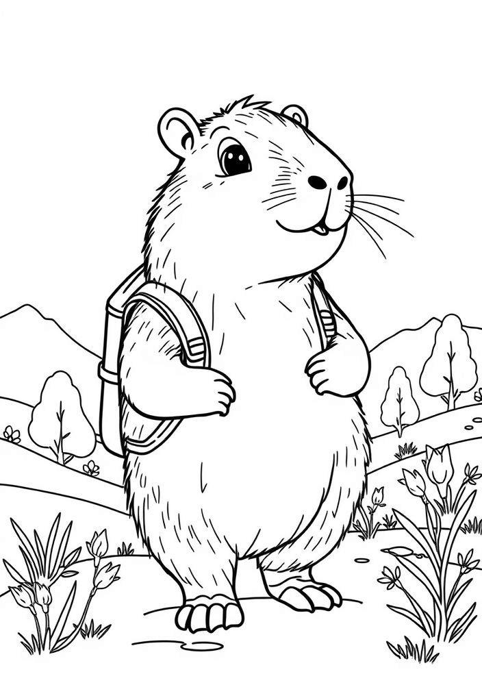 Capivara viajando de mochila para colorir