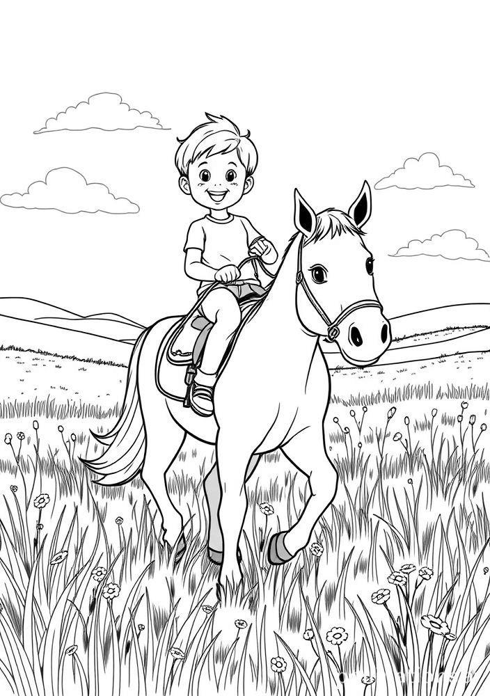 Cavalo Companheiro de Uma Criança no Campo para Colorir