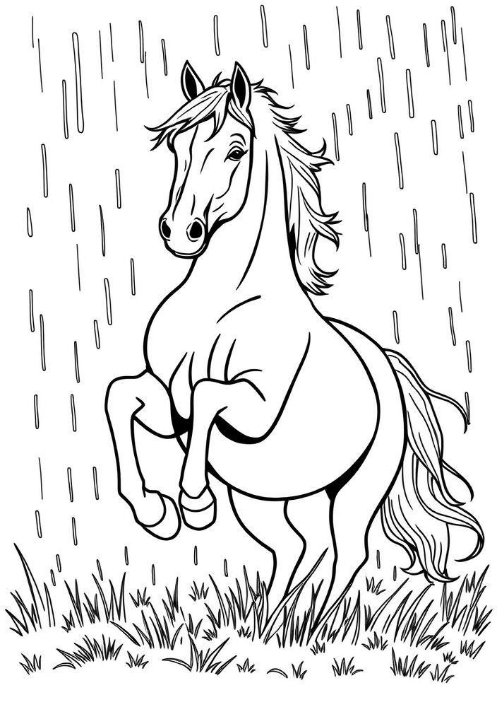 Cavalo brincando na chuva para colorir