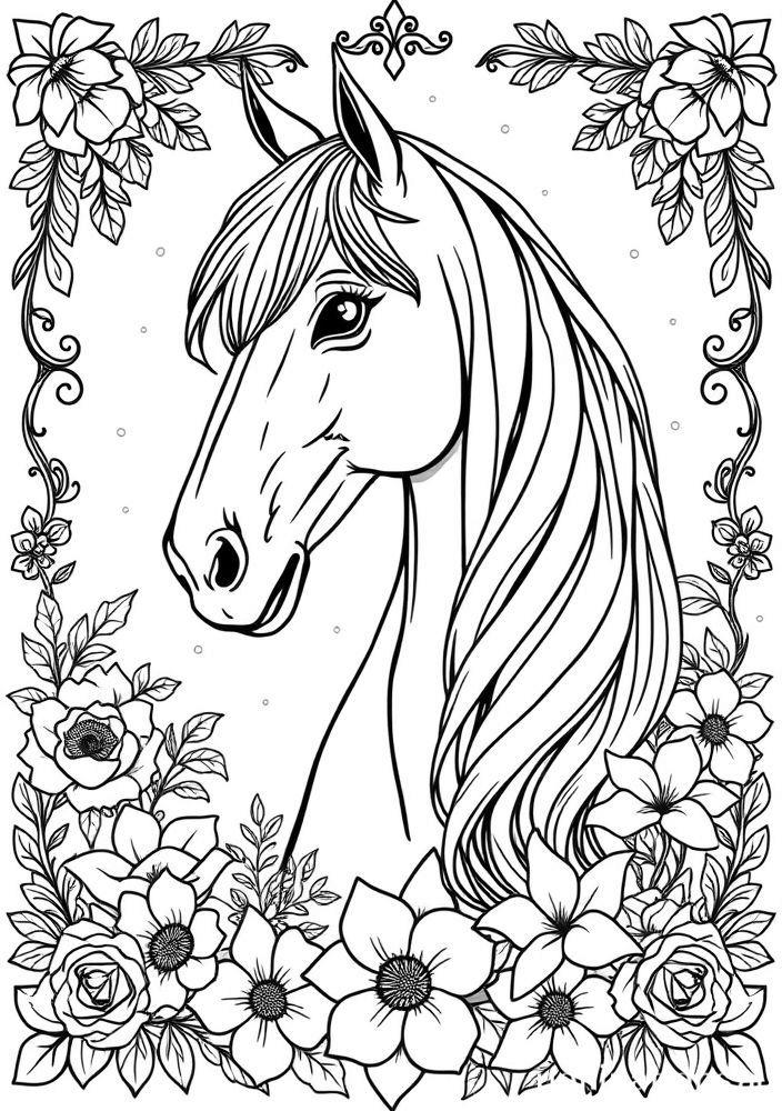 Cavalo com Crina Longa e Flôres para Colorir