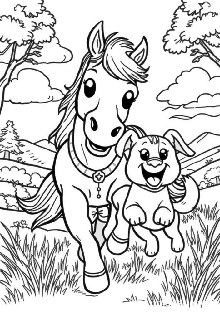 Cavalo e Cão Amigos em Um Aventura para Colorir