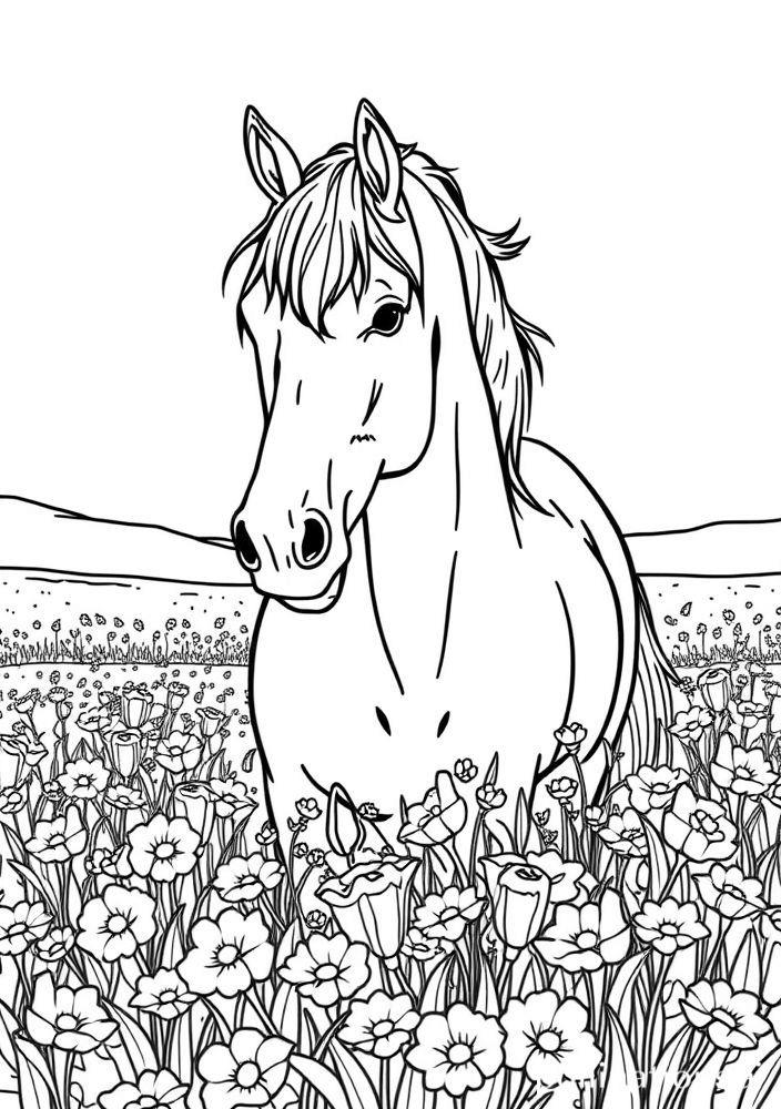 Cavalo no Campo de Flores para colorir