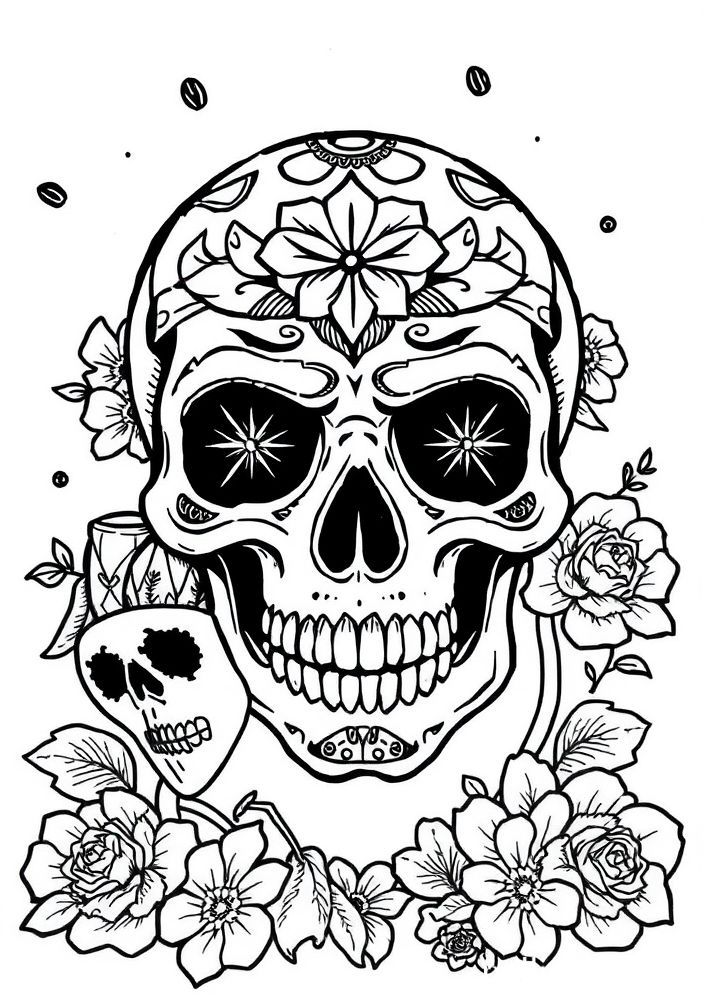 Caveira mexicana com máscaras para colorir