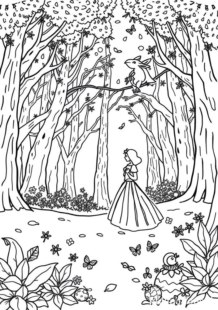 Cenário da floresta com Branca de Neve para colorir