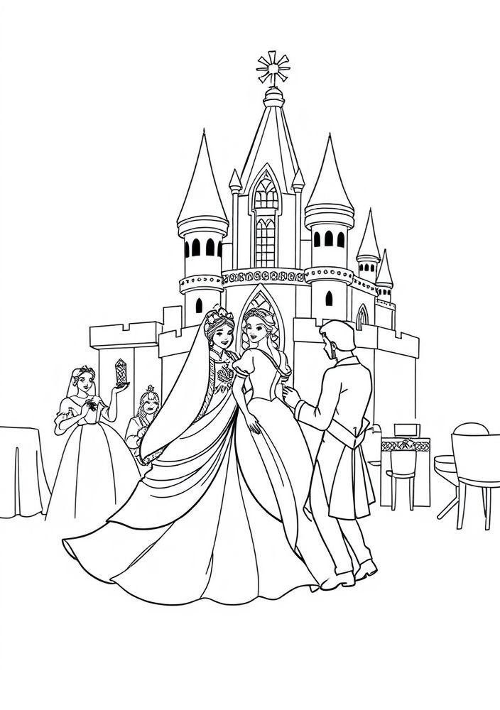 Cenário do baile no castelo com Branca de Neve para colorir