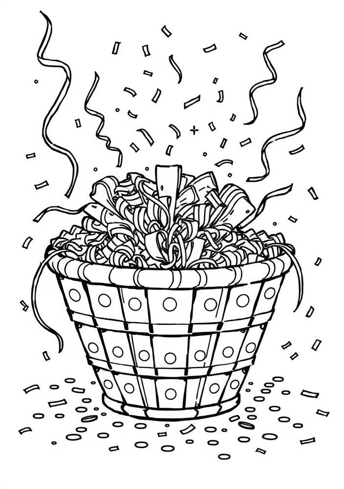 Cesta de confetes e serpentinas para colorir