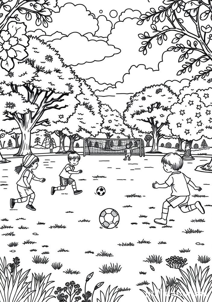 Children Playing Soccer in a Park for Coloring