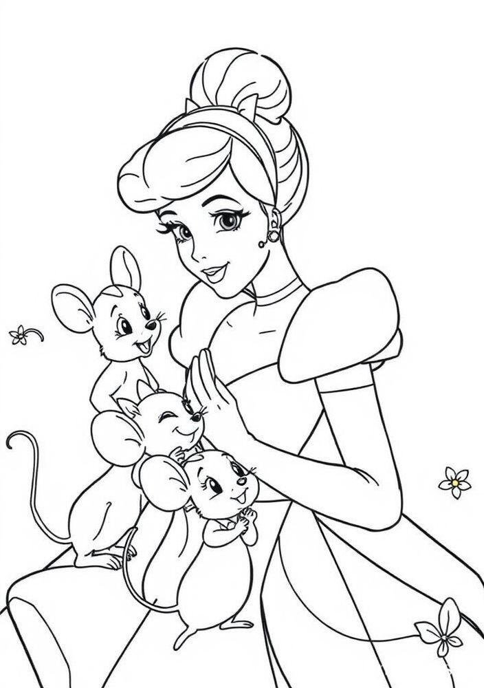 Cinderela com seus amigos ratinhos para colorir