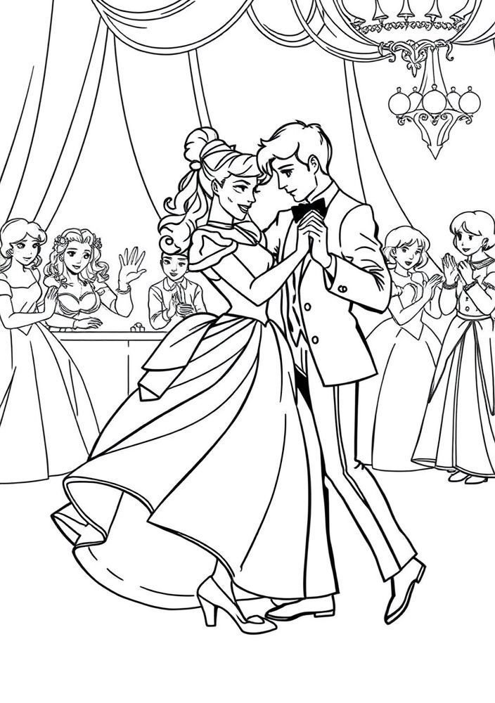 Cinderela dançando no baile para colorir