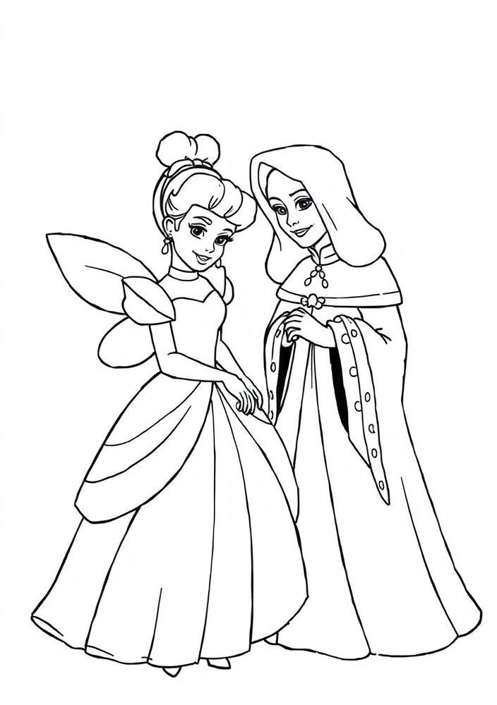Cinderela e a fada madrinha para colorir