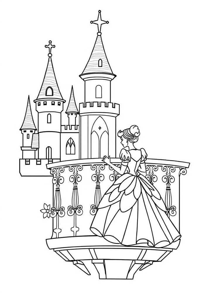 Cinderela na varanda do Castelo para colorir