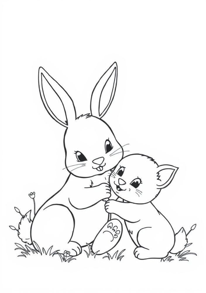 Coelho brincando com filhotes de animais para colorir