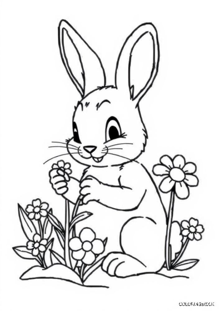 Coelho jardineiro plantando flores para colorir