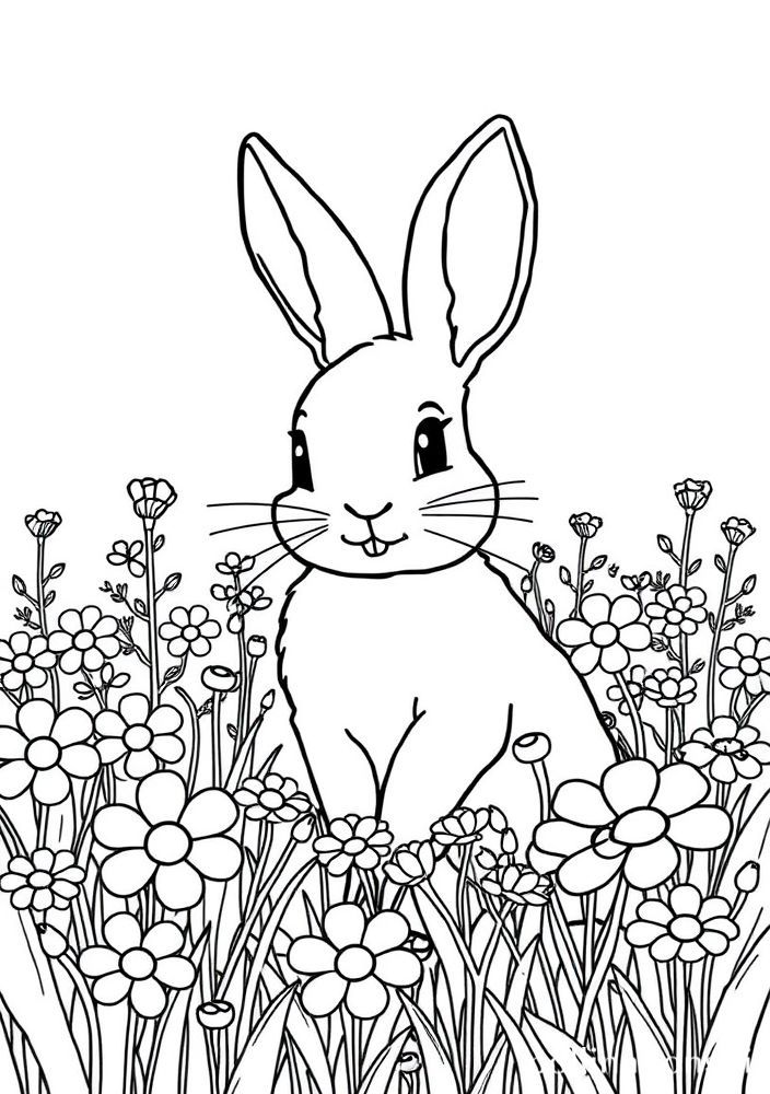 Coelho no seu campo de flores para colorir