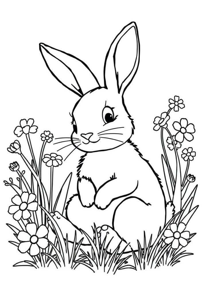 Coelho sentado na grama para colorir
