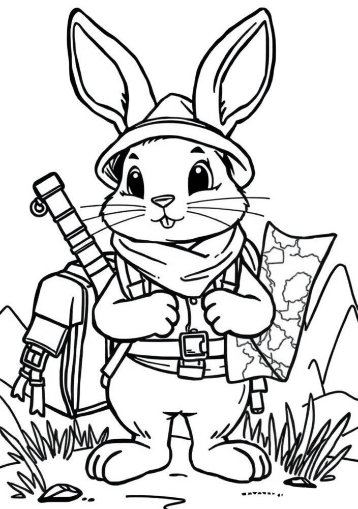 Coelho viajante com mochila para colorir