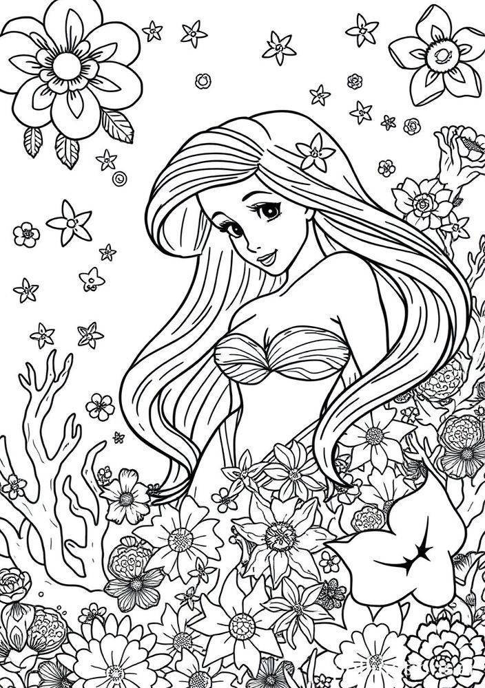 Desenho da Ariel com flores marinhas para colorir